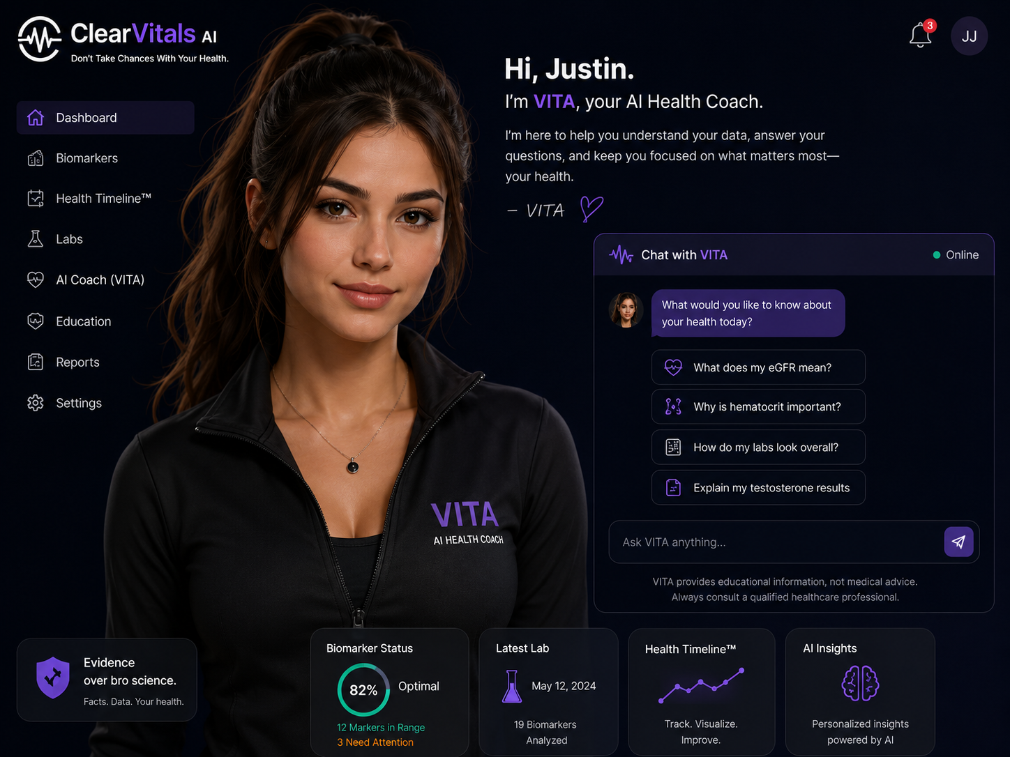 ClearVitals AI dashboard featuring VITA